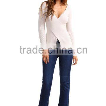 Garment Factory in China Plain V-neck Low Neckline Front Split Long Sleeve Skinny Sweater Women 2016 photo-3