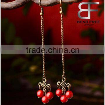 Fashion Jewelry Women's Retro Red Stone beads Long Drop Earrings