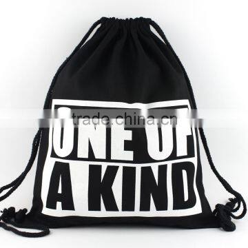 Black unisex cotton drawstring bag backpack school bag with logo print for children and young people