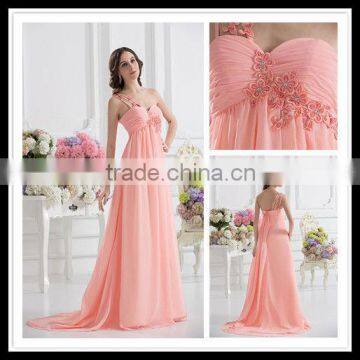 Real Sample One-Shoulder A-line Empire Floor Length Lace Applique Beaded Pink Prom Dress xyy07-054