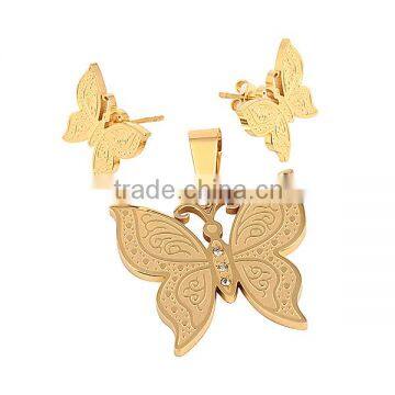 SRS0056 2015 Hot Selling Item Gold PVD Coating Steel Crystal Inlay Butterfly Jewelry Set