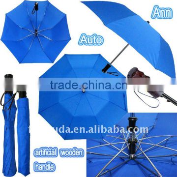 blue auto open wooden color handle 2 folding golf umbrella