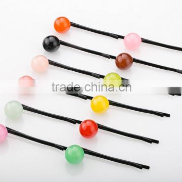 Girls plastic hair accessories candy color bead hair pin kids black metal hair pin