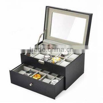 High Quality 20 Slot PU Leather Display Box For Watch, High Capacity Carbon Fiber Stripe Package Box For Watch photo-2