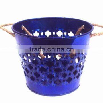 Blue Color Galvanized Metal Planter Pot With Jute Handle for Garden & Home photo-2