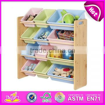 2015 new kids wooden Storage rack,popular Storage rack and wooden bin organizer toy storage rack with 12pcs plastic bins W08C039