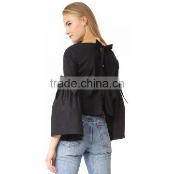 HAODUOYI Soild Black OL Women Blouse Round Neck Long Trumpet Bowknot Sleeve Silt Botton Hollow Out Back Lady Tops for Wholesale photo-3