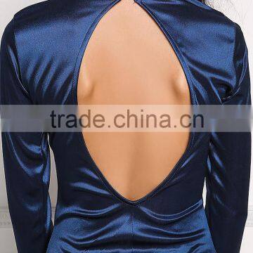 MGOO Custom New Arriva Satin Navy High Neck Bodysuits Long Sleeves Plain Shining Open Back Sexy Tops photo-4