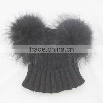 Myfur Black Color Boys Wool Knit Hat with Double Raccoon Fur Pom Poms Attached