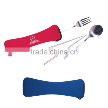 Travel Cutlery Set - stainless steel spoon, fork and chopsticks in a neoprene zip pouch and comes with your logo