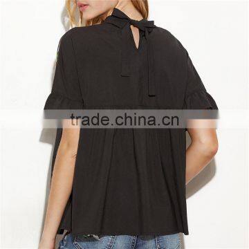 Hot Sell Embroidered Ruffle Cuff Sheer Tie Back Blouse Neck Designs Cutting photo-3