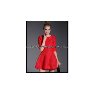 Double mesh cute medium sleeve red dress A9073