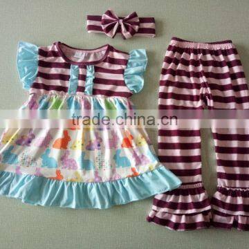 2017 cotton solid dress and stripe ruffle pants sets Bunny applique baby girls toddler Easter outfits