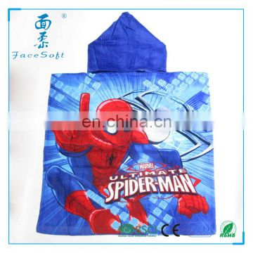 AZO dyed free 100%Cotton velour reactive printing baby hooded poncho towel with spiderman cartoon character