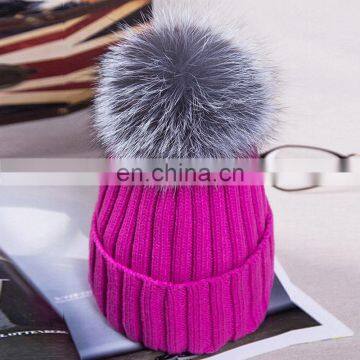 Solid color women crochet hats with large real silver fox fur ball wholesale