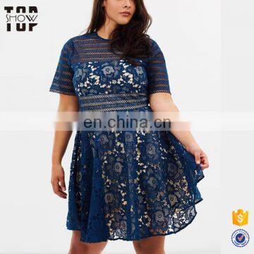 OEM women clothing see-through flare lace plus size dress