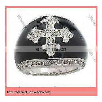 Priscilla Presley Maltese Cross Enamel &Crystal Band Ring jewelry rings in black in silver stainless steel alloy