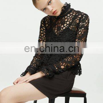 Ladies Formal Wear Women Long Sleeve Black Pelpum Lace Turtleneck Dresses photo-4