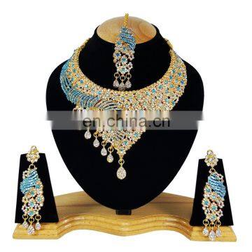 Latest Most Charming Turquoise Color Gold Plated Kundan Zerconic Necklace Earrings Tikka