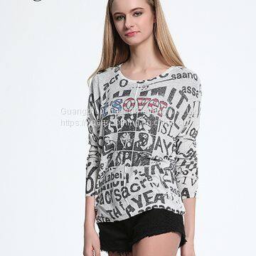 Long Sleeve Printed Word Round Neck Knitted Top Shirt photo-5