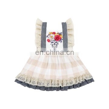 Halloween Skull Flower Printed Design Baby Girls Laces Dresses Sweet Newborn Boutique Dress