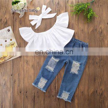 Children's clothing ins European and American hot style girls one-shoulder top + ripped jeans + headwear suit