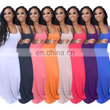 Customized Wholesales Women Fashion Loose Dresses Ladies Solid Color Sleeveless Long Dresses Summer Casual Dresses photo-3