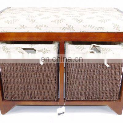 Wicker Basket Drawers Solid Wood Linen Fabric Covered Hall Storage Bench Seat photo-2