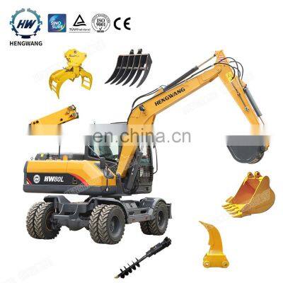 Hengwang HW80L Hydraulic Compact Trench Digger Bucket New Wheeled 7 ton Mini Wheel Excavator With CE