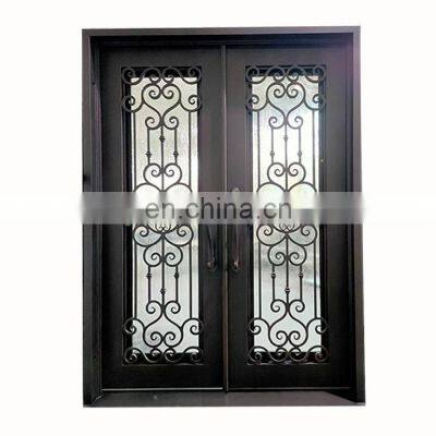 factory price  in stock flat top beautiful modern entry safety exterior wrought iron and glass double front doors