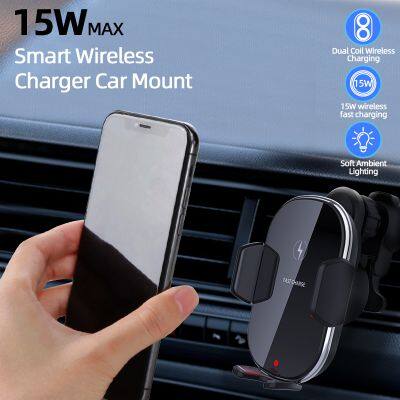 15W Magnetic Phone Holder Auto Clamping Wireless Car Charger 3-axis Auto Sensing Short Circuit Protection Safe Fast Charging