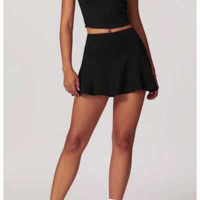 Gym Women Casual Exercise Outfits Tight T Shirt Fitness Wear Sleeveless High Neck Workout Top Short Skirt Yoga Sets Activewear