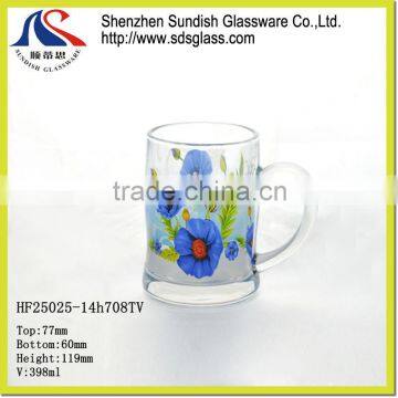 2015 good quality glass cup with handle with color printing