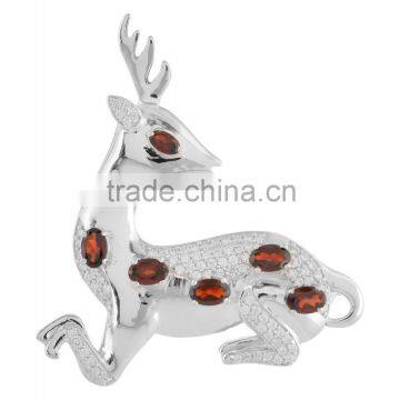 Oval Garnet 925 Sterling Silver Deer Brooch