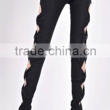 2016 Hot Sale Colored Bowknot Hollow-out Design Women Skinny Denim Jeans photo-3