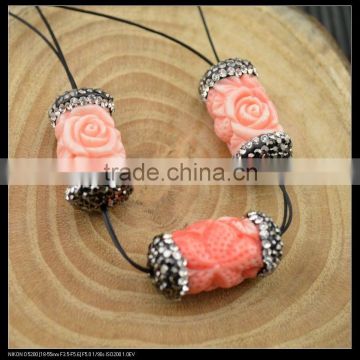 LFD-0044B Wholesale Shell Beads Engraved Flowers Pink Round Tube Connector Paved Crystal Rhinestone Spacer Beads Jewelry