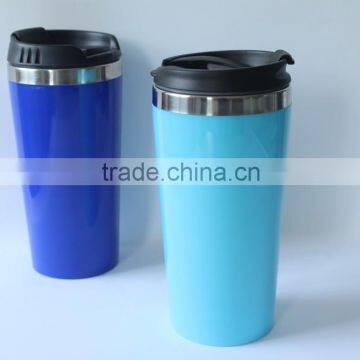 HOT sales 16oz inner steel outer plastic travel coffee mug