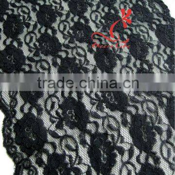 qiansili-2013 scalloped stretchable nylon lace,swiss flower pattern 30cm ,black color