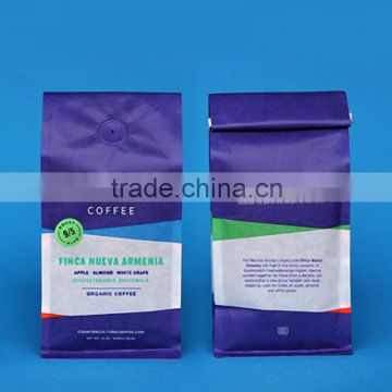 china supplier manufacture quad seal box pouch/square bottom stand up plastic coffee beans bag with valve and tin tie