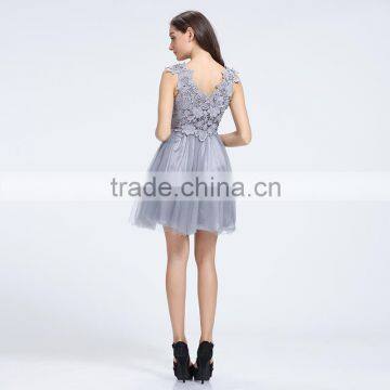 12735 V-neck Lace Tulle Harder Mesh With Satin Grey Sleeveless Cute Prom Party Dress photo-2