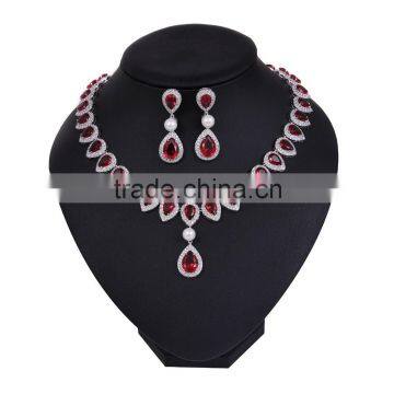 wedding pearl jewelry set AAA red Cubic zirconia Bridal pearl necklace set