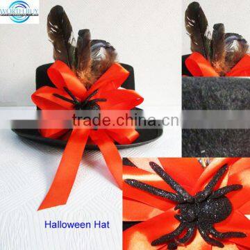 Black halloween feather felt hat w/ scary spooky sipder