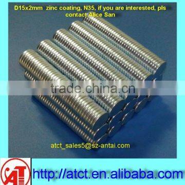 D15x2 Zinc coating disk magnet for bag closure