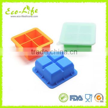 High Quality 4 Cavities Square Silicone Ice Cube Tray with Lid, Baby Food Storage Box,Freezer Tray