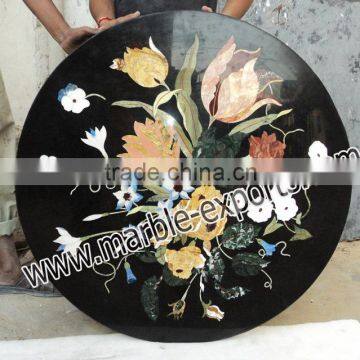 Black Round Italion Pietre Dure Marble Table Top, Marble Inlay Table top