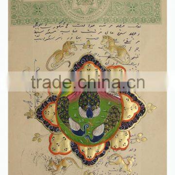 Persian ottmon Miniature Painting Artwork Gallery Antique Vintage Court Stamp paper Jaipur peacock Bird China