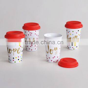 Single-wall Ceramic Tracel Mug With Slilicone Cover and Band,ceramic Single-wall Mug,porcelain Travel Mug With Silicone Lid photo-2