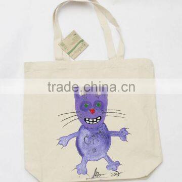 Promotional Cheap Hand Painted Cotton Canvas Shoulder Bags/Wholesale Custom Design Cute Cats Canvas Tote Shopping Bags photo-5