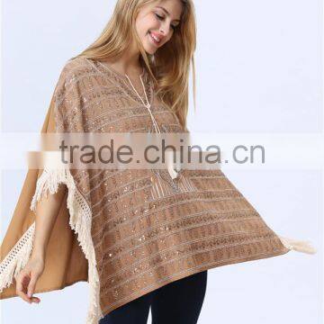 New Arrival Ladies Fashion Design Elegant Winter/Autumn Tan Colour Dolman/ Cape/Shawl Coat With Fringing and Beading for Women photo-4