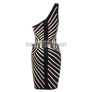 Hot Elastic Knitted Fashion Ladies One Shoulder Black And White Striped Bandage Dress Cocktail Party Dress photo-5